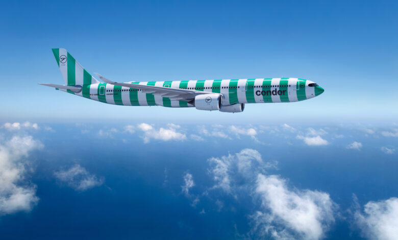 Condor A330-900 v designu „Island“. Airbus A330-900 má o 25 % nižší emise oxidu uhličitého než letadla předcházející generace.